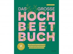 Cover von dem großen Hochbeetbuch in grün mit rosa Schrift und gezeichnetem Gemüse. Autorin Doris Kampas